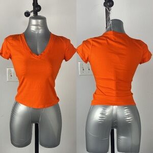 3/$15 Orange casual short bright colourful sleeve V-neck t shirt top size med